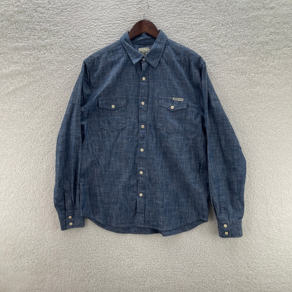 Lucky Brand Shirt Mens Large Blue Chambray Western Outdoor Heritage Cowboy